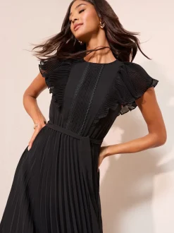 Noir - Robe mi-longue Friends Like These en mousseline plissée avec empiècement en dentelle