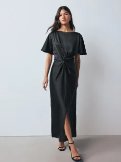 Noir - Robe mi-longue texturée en Satin à Manches courtes torsadée sur le devant