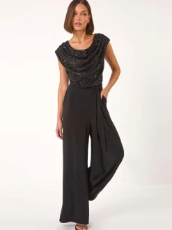 Noir - Roman Sequin Bodice Col bénitier Combinaison