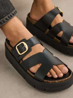 Noir - Sandales à bride en cuir avec boucle