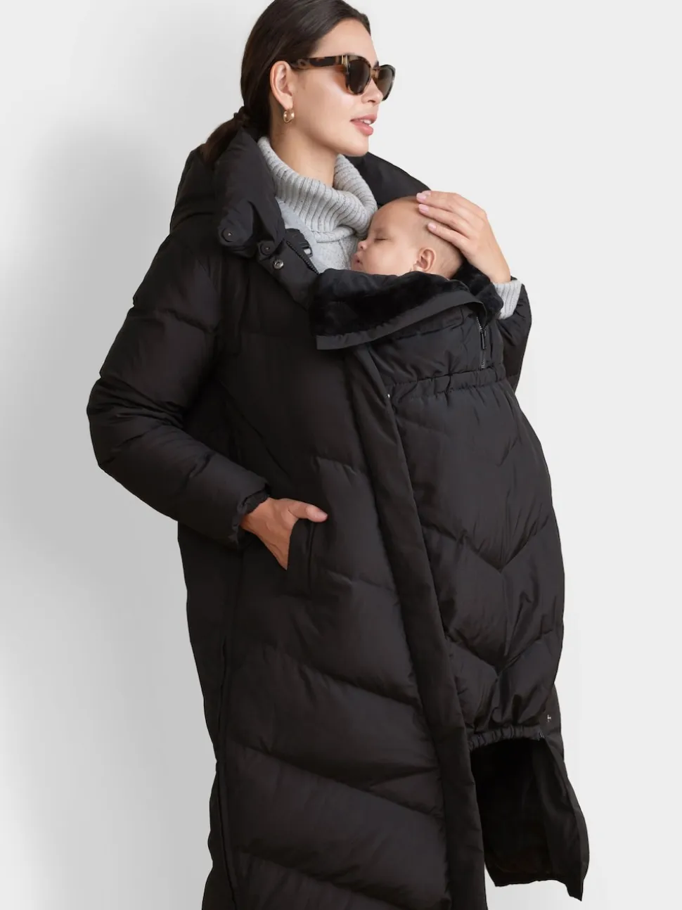 Noir - Seraphine 3-en-1 Long manteau Grossesse à chevrons