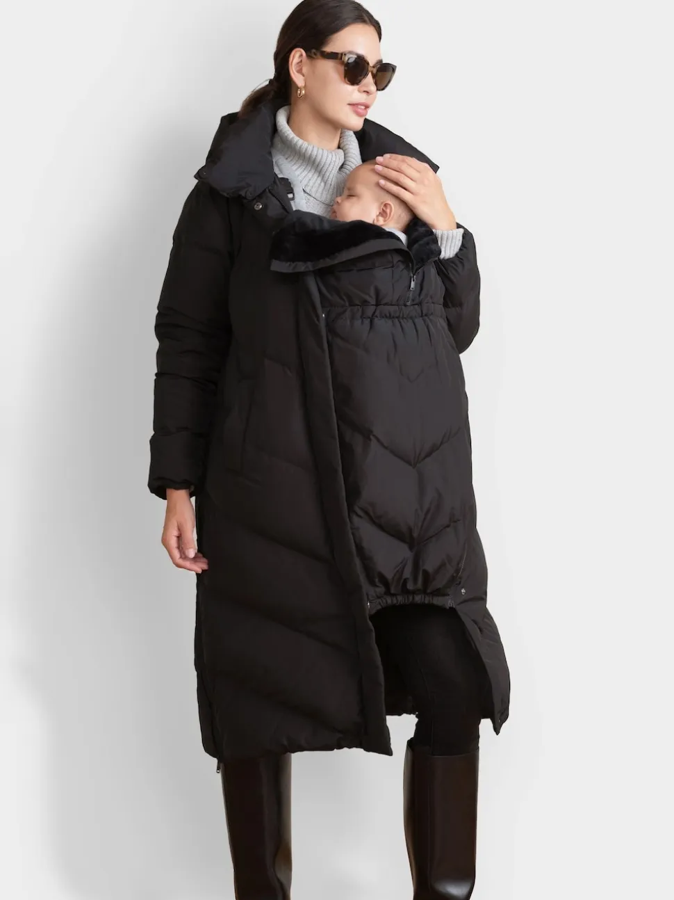 Noir - Seraphine 3-en-1 Long manteau Grossesse à chevrons