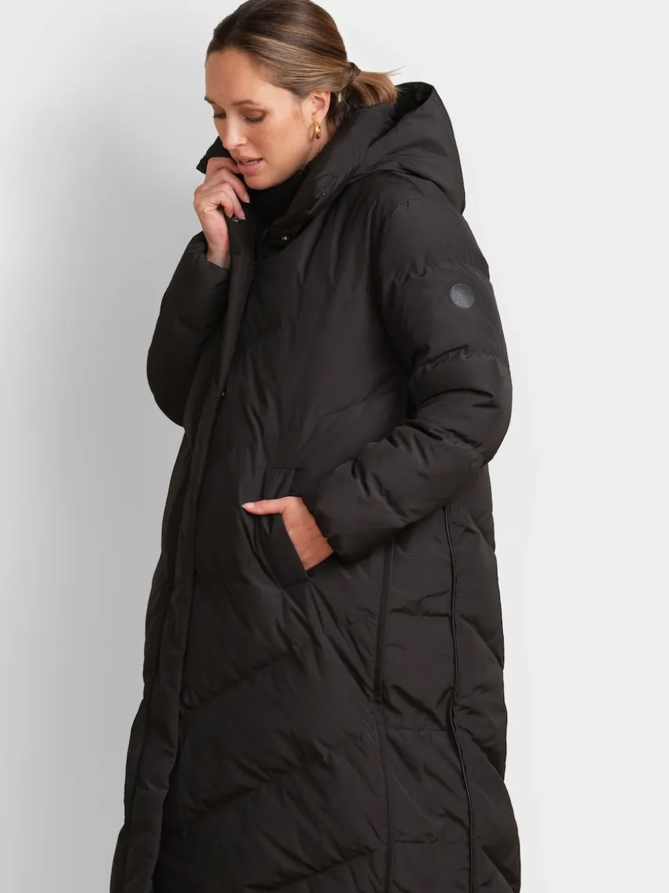 Noir - Seraphine 3-en-1 Long manteau Grossesse à chevrons
