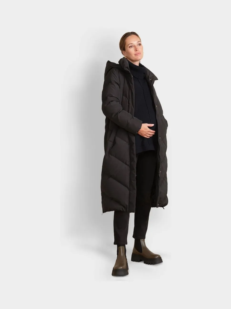 Noir - Seraphine 3-en-1 Long manteau Grossesse à chevrons
