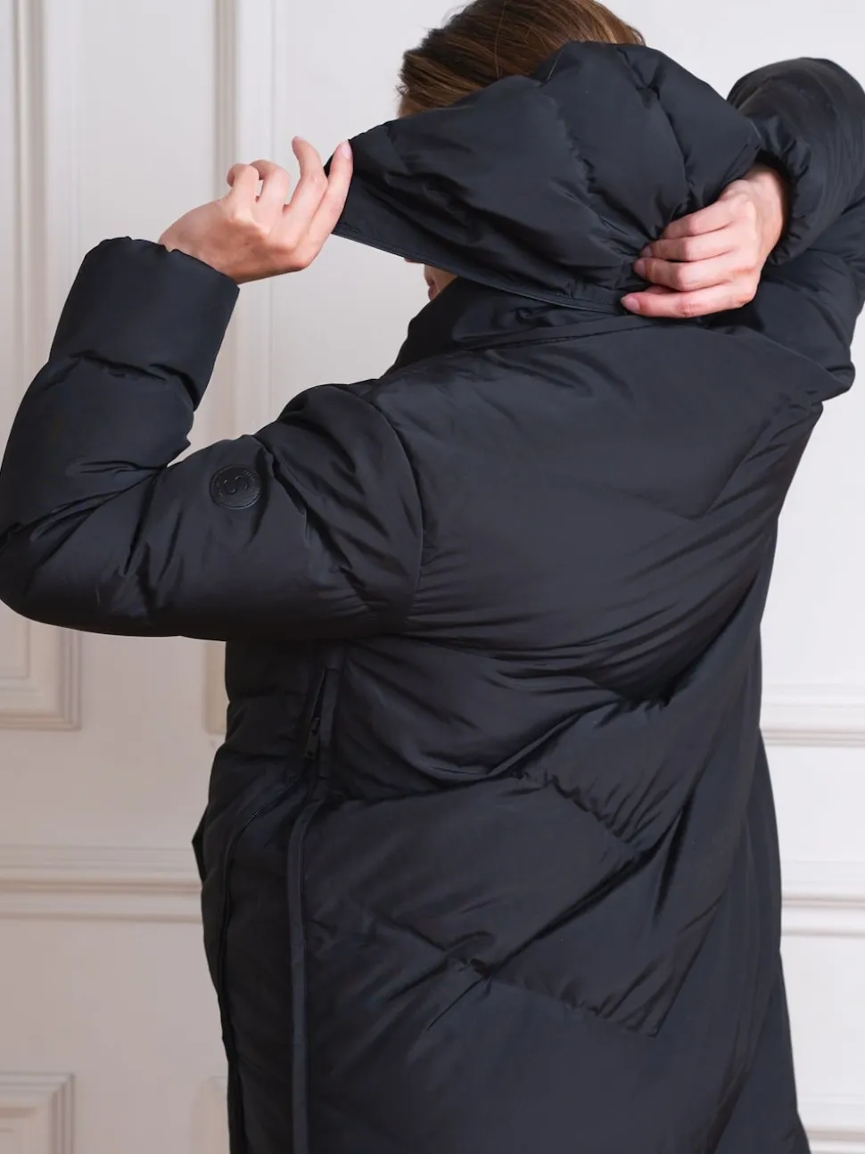 Noir - Seraphine 3-en-1 Long manteau Grossesse à chevrons