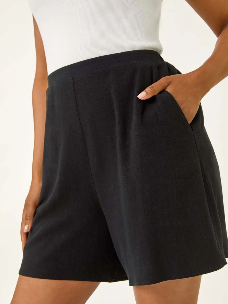 Noir - Shorts Roman Petites tailles en lin mélangé à taille élastique