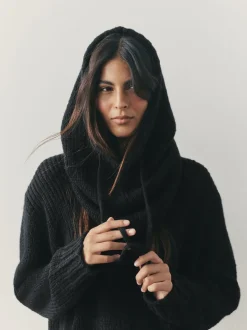 Noir - Snood à capuche en maille sans ornements avec laine