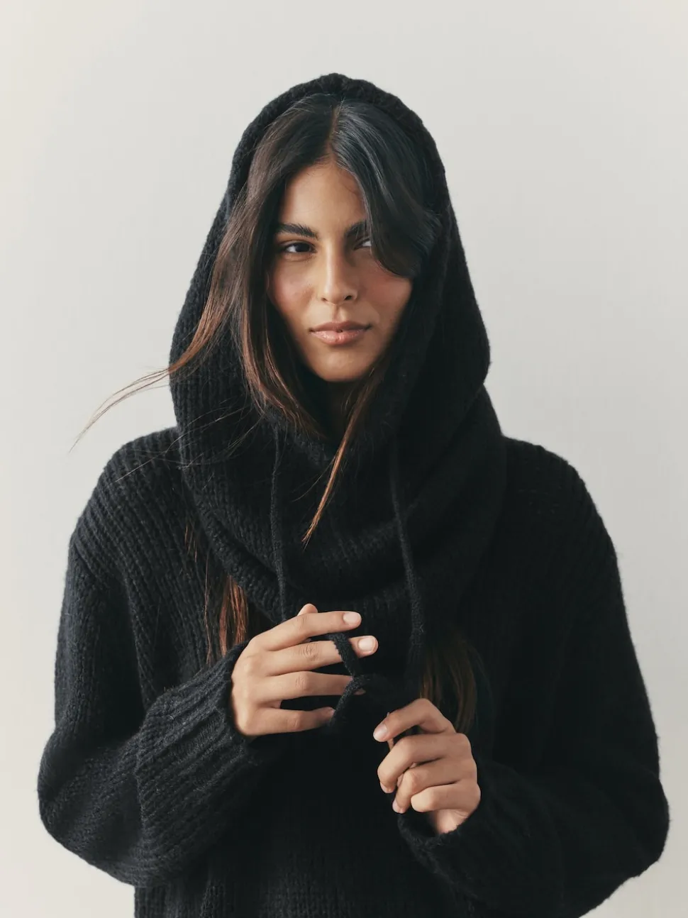 Noir - Snood à capuche en maille sans ornements avec laine