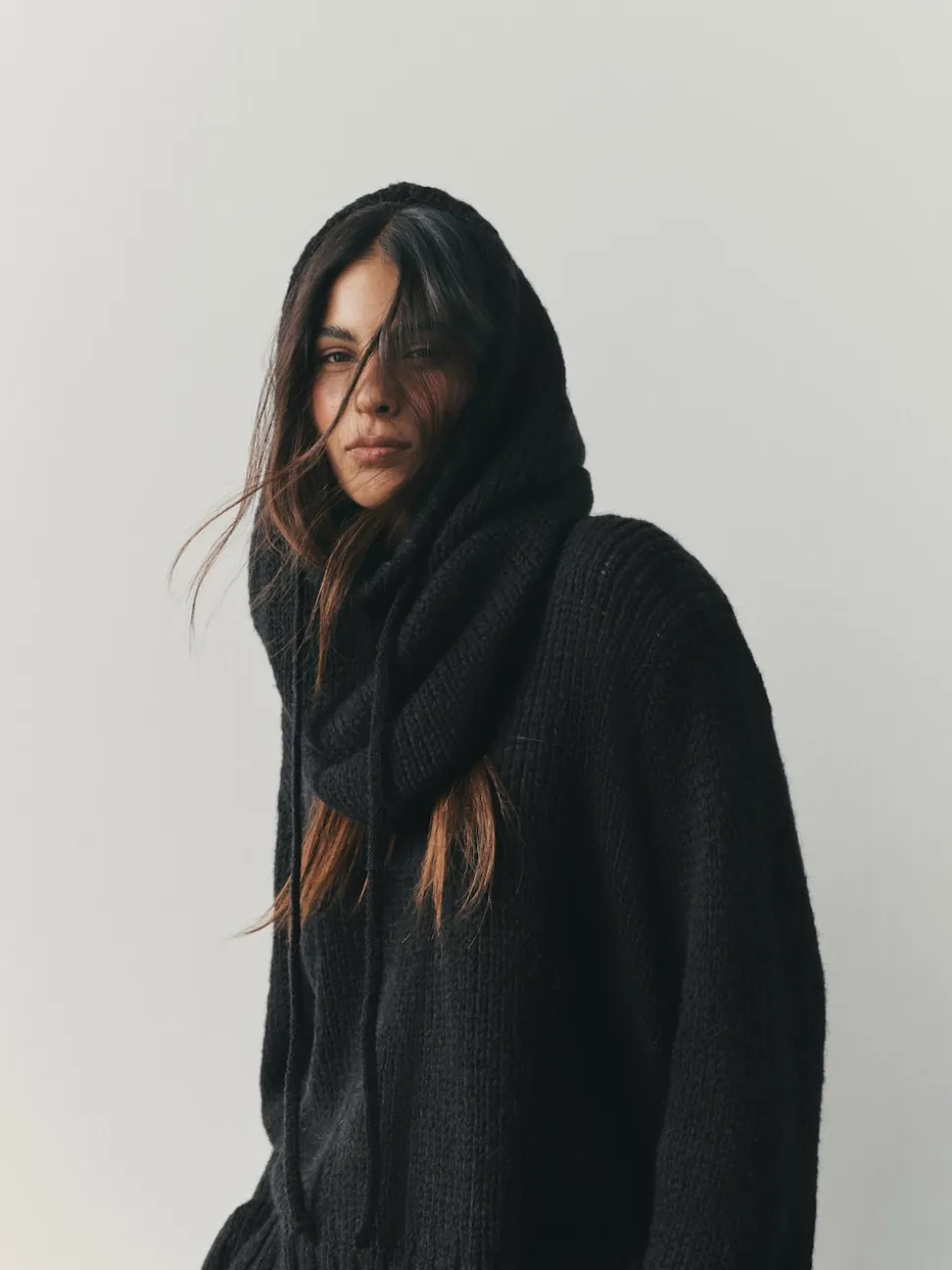 Noir - Snood à capuche en maille sans ornements avec laine