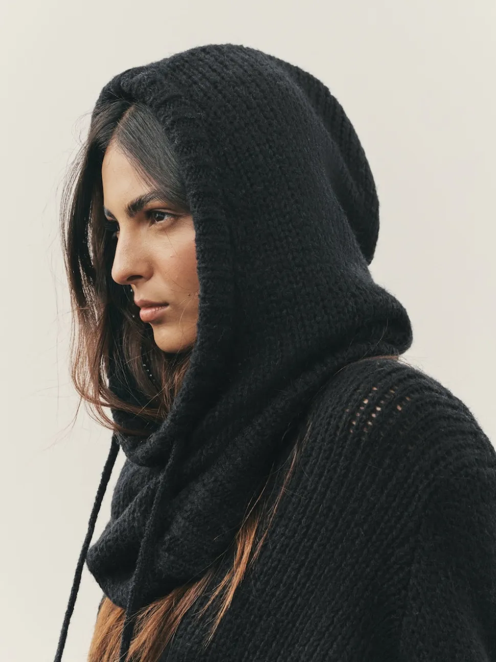 Noir - Snood à capuche en maille sans ornements avec laine