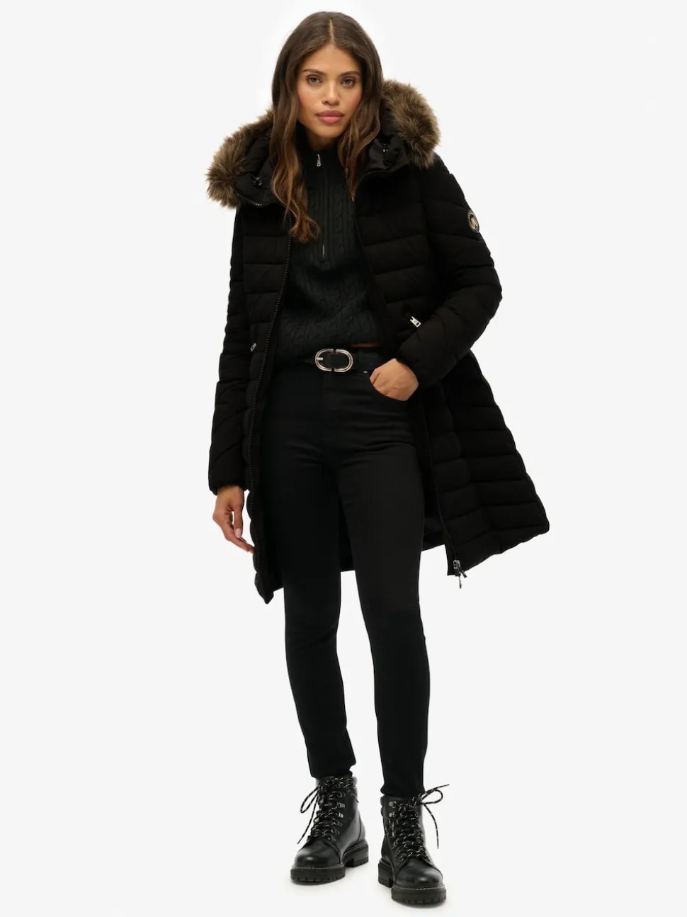 Noir - Superdry Fuji Manteau mi-long à fausse capuche