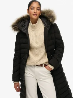 Noir - Superdry Fuji Manteau long en fausse fourrure à capuche