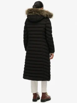 Noir - Superdry Fuji Manteau long en fausse fourrure à capuche
