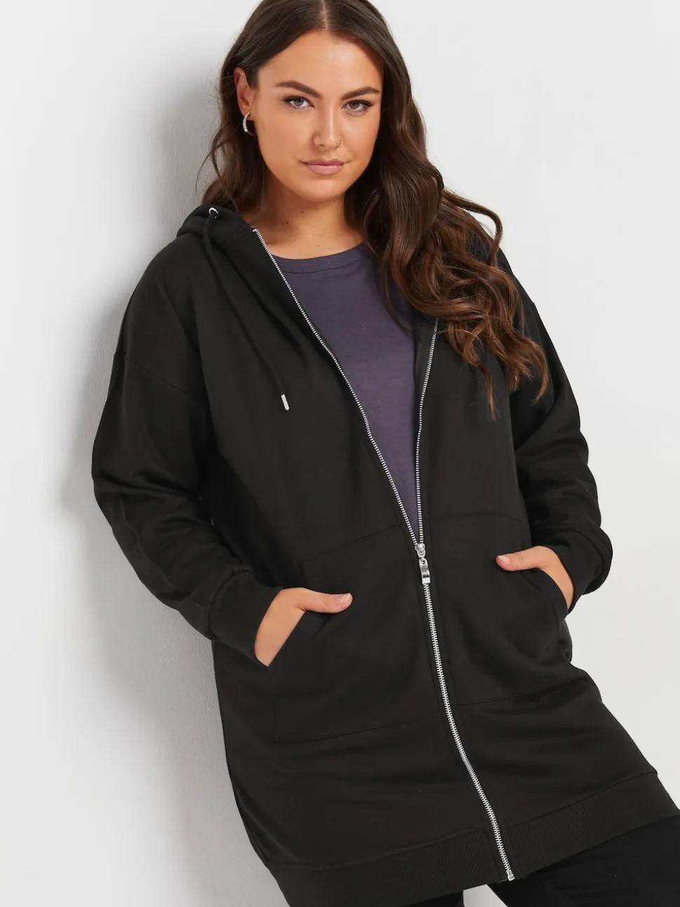 Noir - Sweat à capuche Yours Curve zippé coupe longue