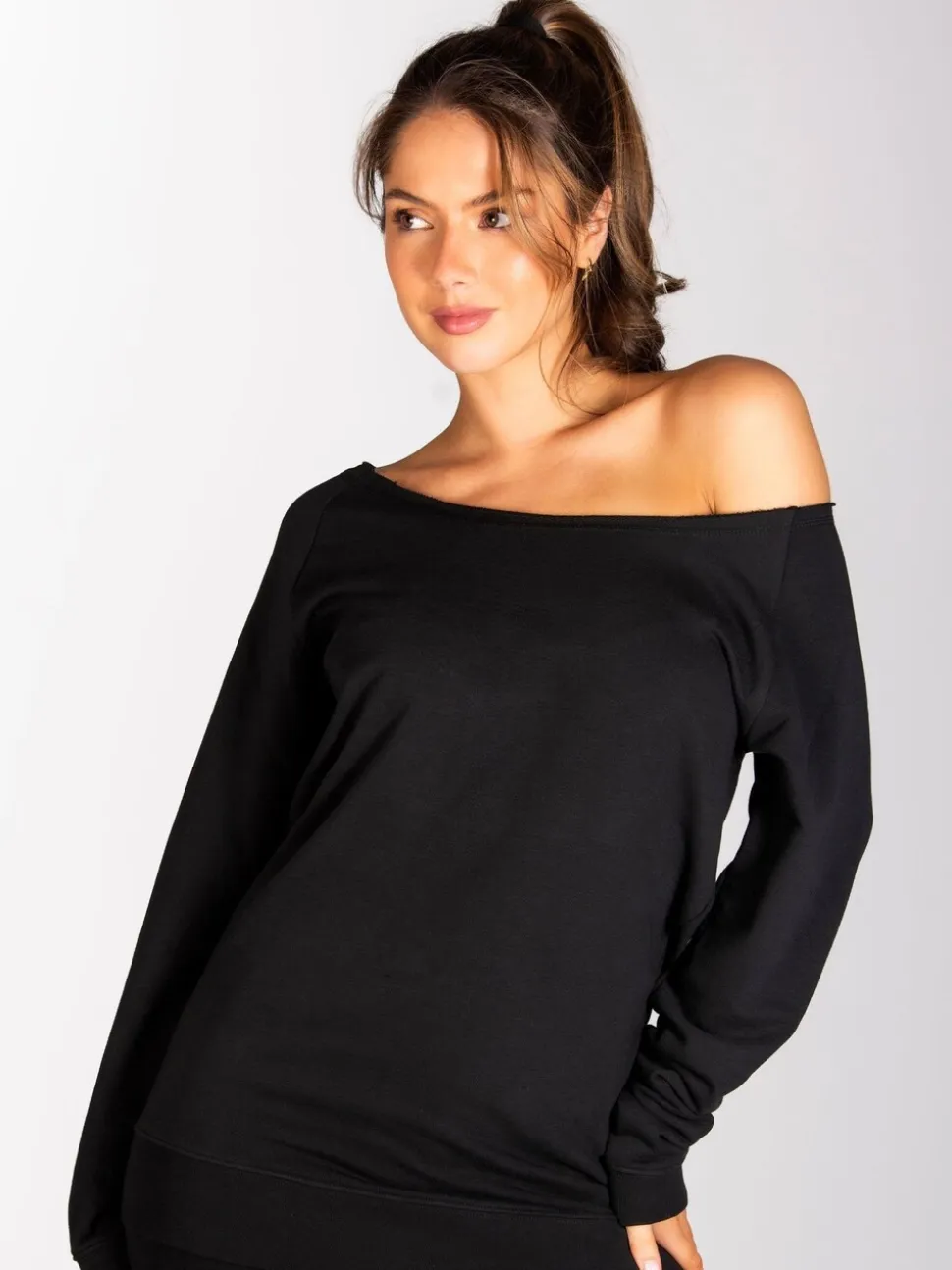 Noir - Sweat long à épaules dénudées pour femme