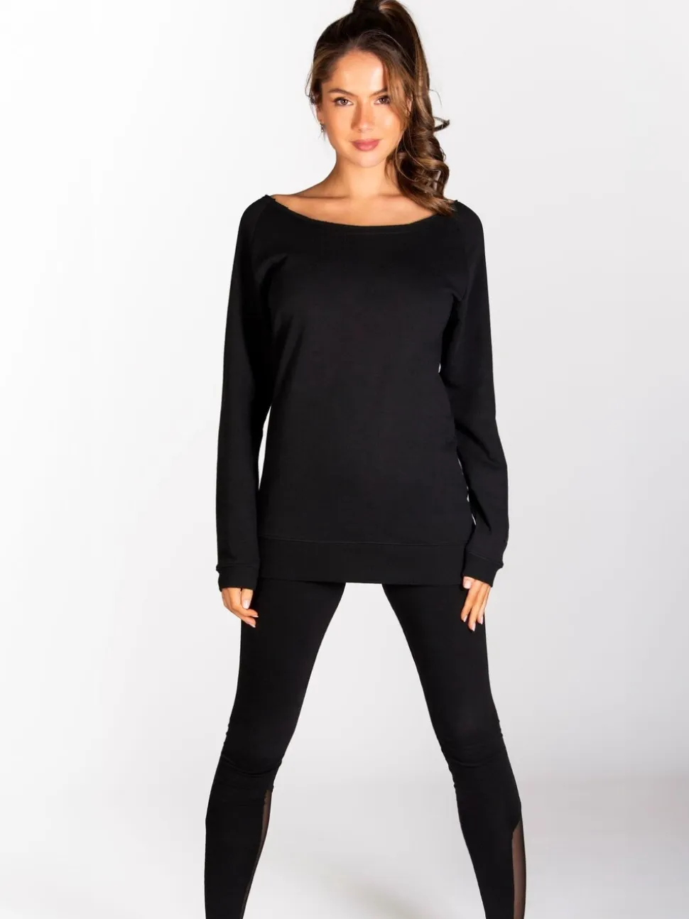 Noir - Sweat long à épaules dénudées pour femme