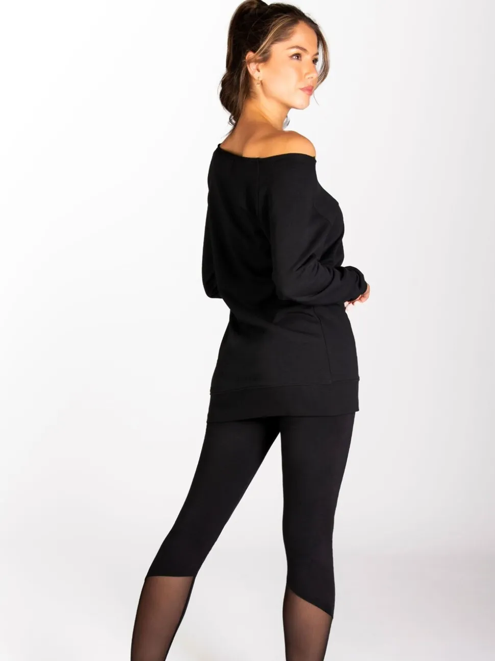 Noir - Sweat long à épaules dénudées pour femme