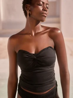 Noir - Tankini bandeau à larges bretelles avec contrôle du ventre