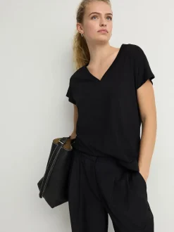 Noir - T-shirt à col en V avec manches à bonnet
