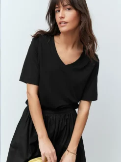 Noir - T-shirt Col en V souple en coton modal