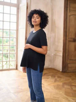 Noir - T-shirt Grossesse Seraphine en modal de coton à manches courtes