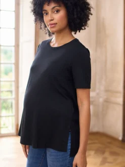 Noir - T-shirt Grossesse Seraphine en modal de coton à manches courtes