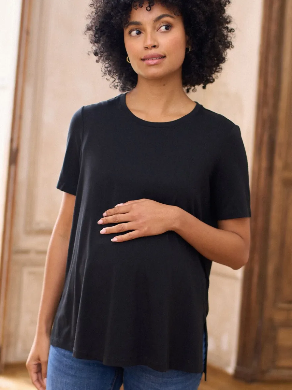 Noir - T-shirt Grossesse Seraphine en modal de coton à manches courtes