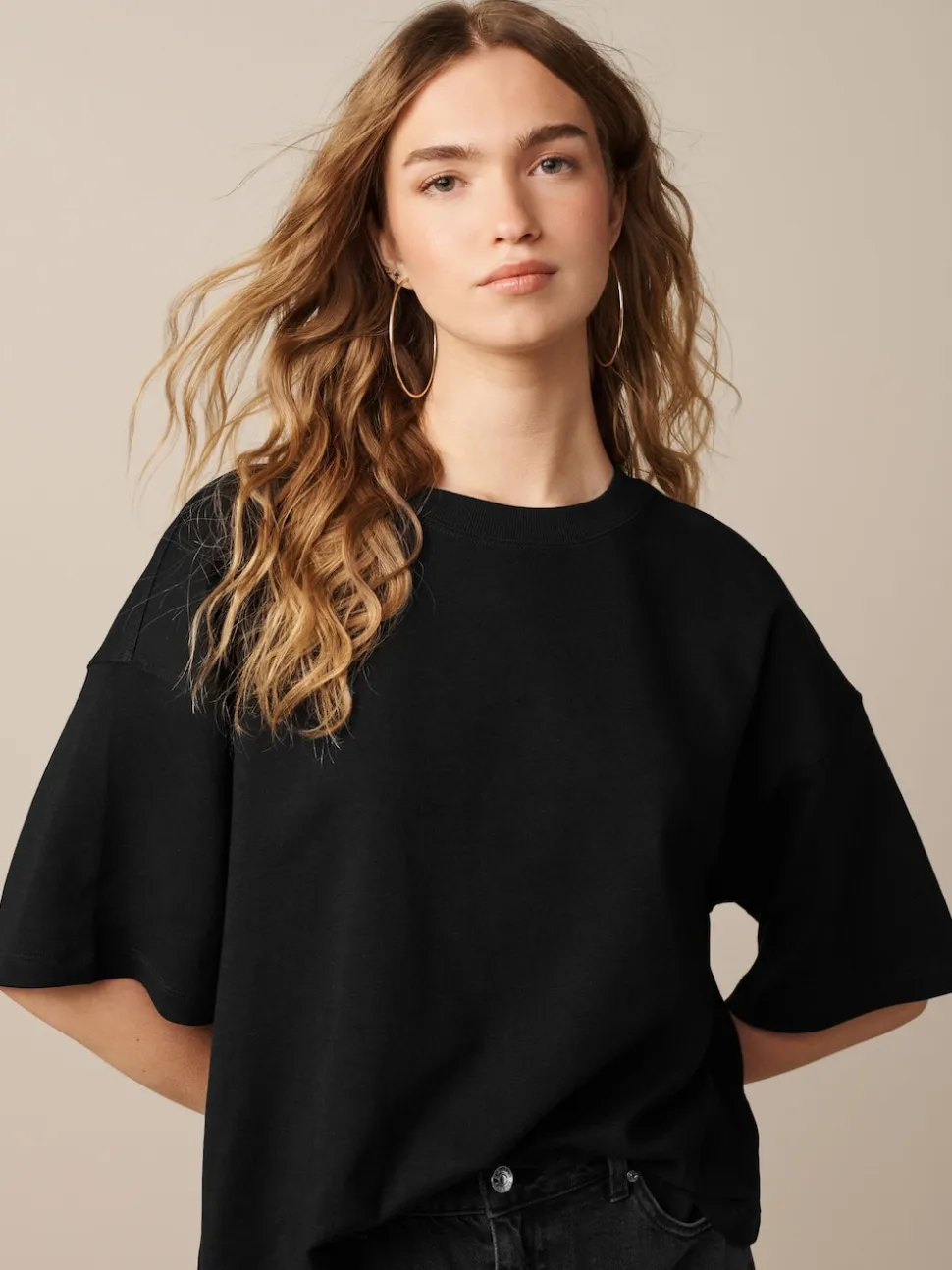 Noir - T-shirt oversize décontracté boxy épais à col ras du cou