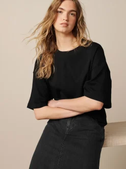 Noir - T-shirt oversize décontracté boxy épais à col ras du cou