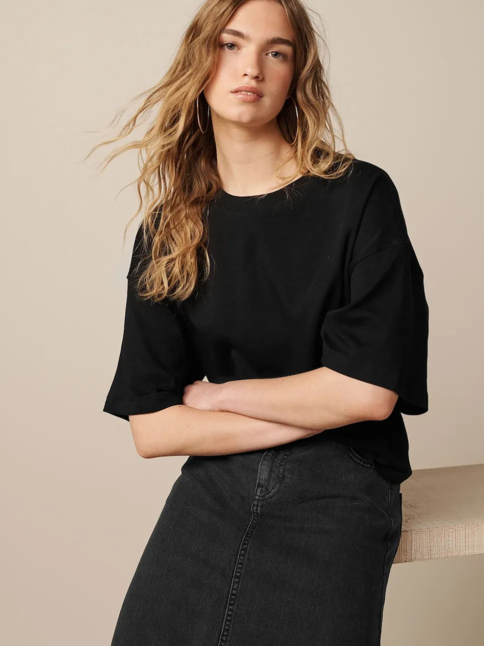 Noir - T-shirt oversize décontracté boxy épais à col ras du cou