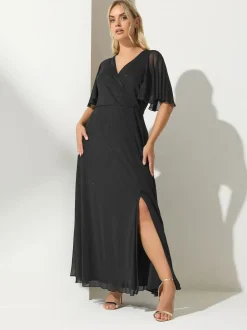 Noir - Yours Curve London Robe longue en maille portefeuille pailletée