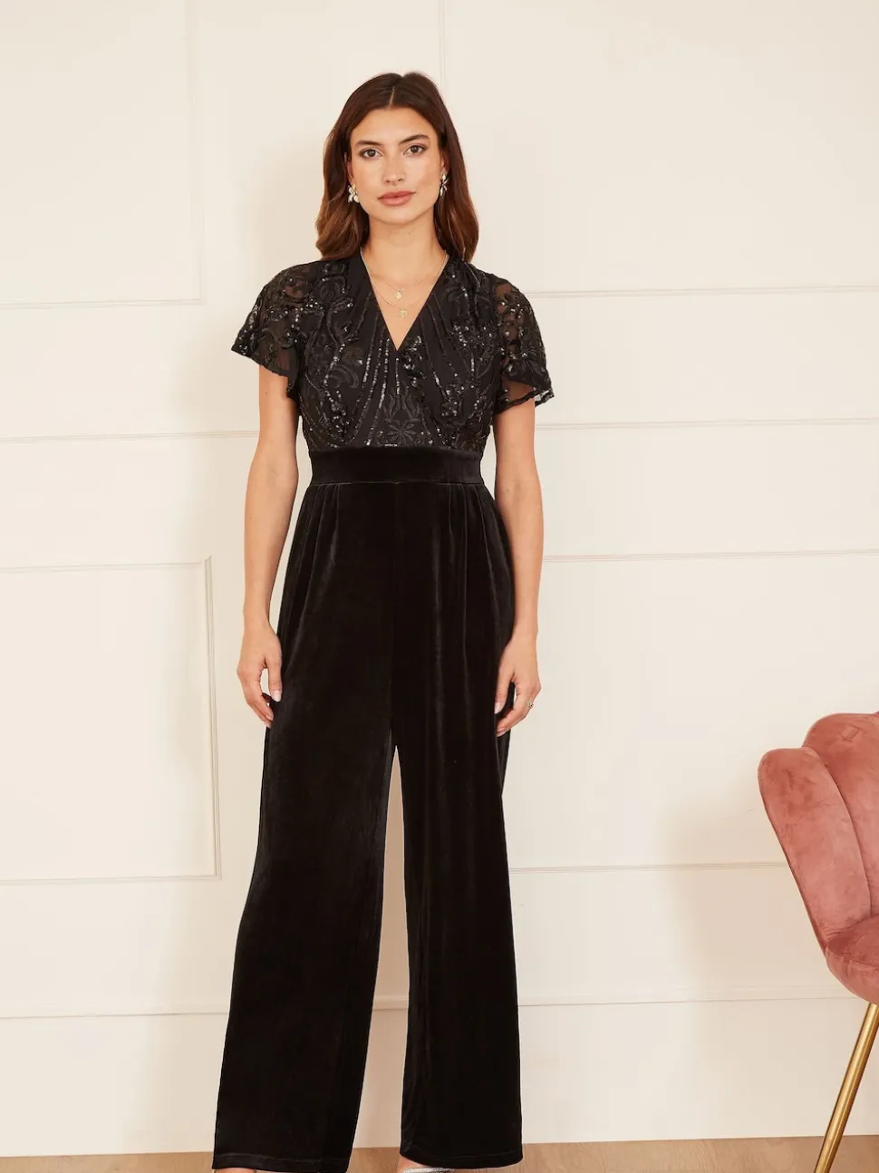 Noir - Yumi Combinaison en velours ornée de sequins avec manches d’ange