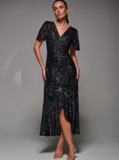 Noir anthracite - Robe longue Jolie Moi à manches ange à sequins et ourlet à volants