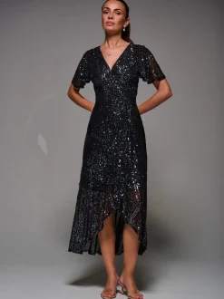 Noir anthracite - Robe longue Jolie Moi à manches ange à sequins et ourlet à volants