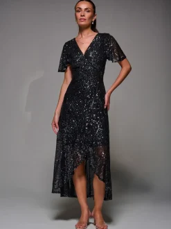 Noir anthracite - Robe longue Jolie Moi à manches ange à sequins et ourlet à volants