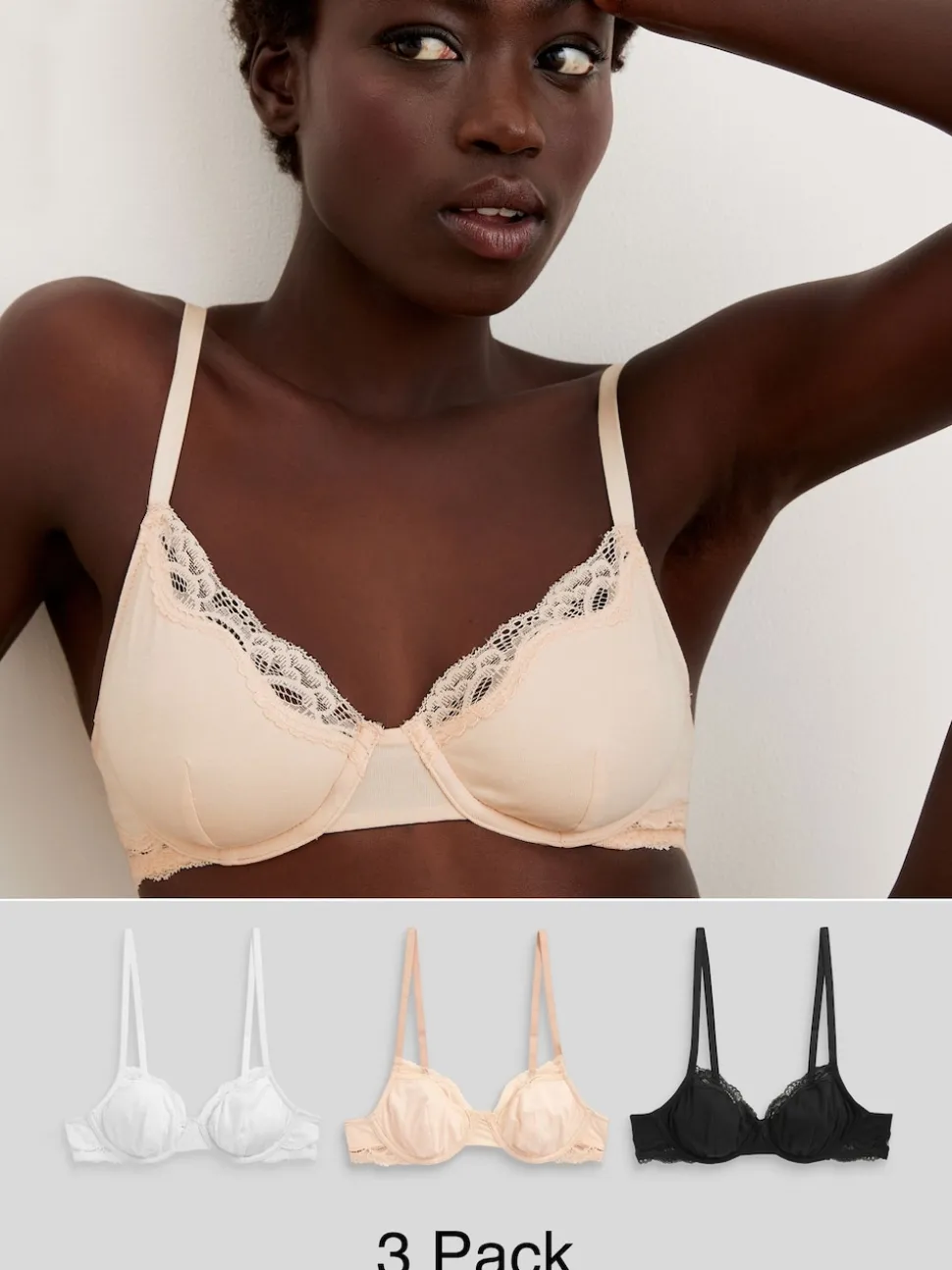 Noir/ Blanc/ Rose pâle Nude - Lot de 3 soutiens-gorge en mélange de coton Ultimate Comfort