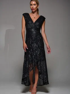 Noir chrome - Robe longue Jolie Moi à sequins et ourlet asymétrique à volants