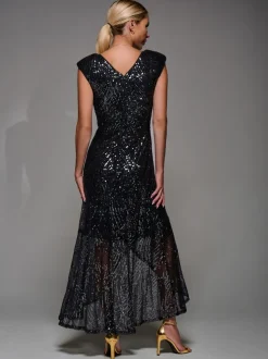Noir chrome - Robe longue Jolie Moi à sequins et ourlet asymétrique à volants