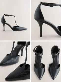 Noir effet lézard - Chaussures à talons en cuir à bout pointu