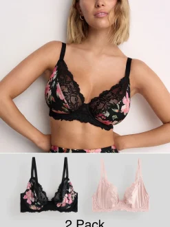 Noir fleuri/rose - DD+ Soutiens-gorge plongeants sans rembourrage 2 Lot