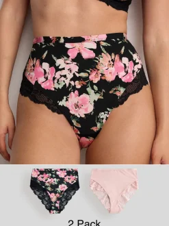Noir fleuri/rose - Lot de 2 culottes taille haute en microfibre et dentelle
