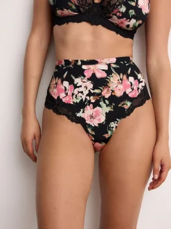 Noir fleuri/rose - Lot de 2 culottes taille haute en microfibre et dentelle