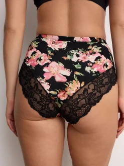 Noir fleuri/rose - Lot de 2 culottes taille haute en microfibre et dentelle