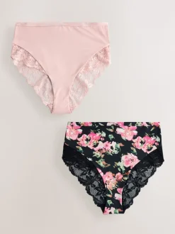 Noir fleuri/rose - Lot de 2 culottes taille haute en microfibre et dentelle