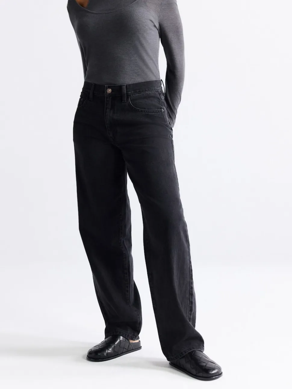 Noir lavé - Jean ample taille mi-haute
