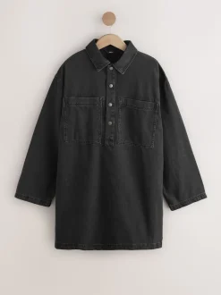 Noir lavé - Mini robe utilitaire en Denim à manches longues