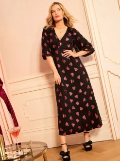 Noir motif cœur métallisé - Love & Roses Col en V Manche bouffante Mi-long Robe