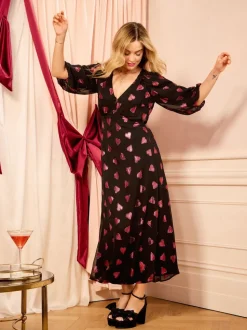 Noir motif cœur métallisé - Love & Roses Col en V Manche bouffante Mi-long Robe