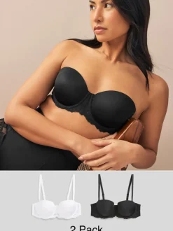 Noir/Blanc - Lot de 2 Soutiens-gorge multipositions sans bretelles à tampons légers A-E