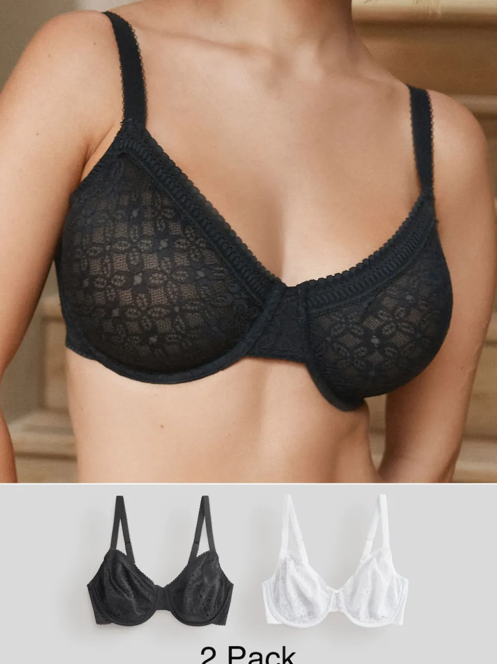 Noir/Blanc - Lot de 2 soutiens-gorge DD+ en dentelle non rembourrés bonnets complets
